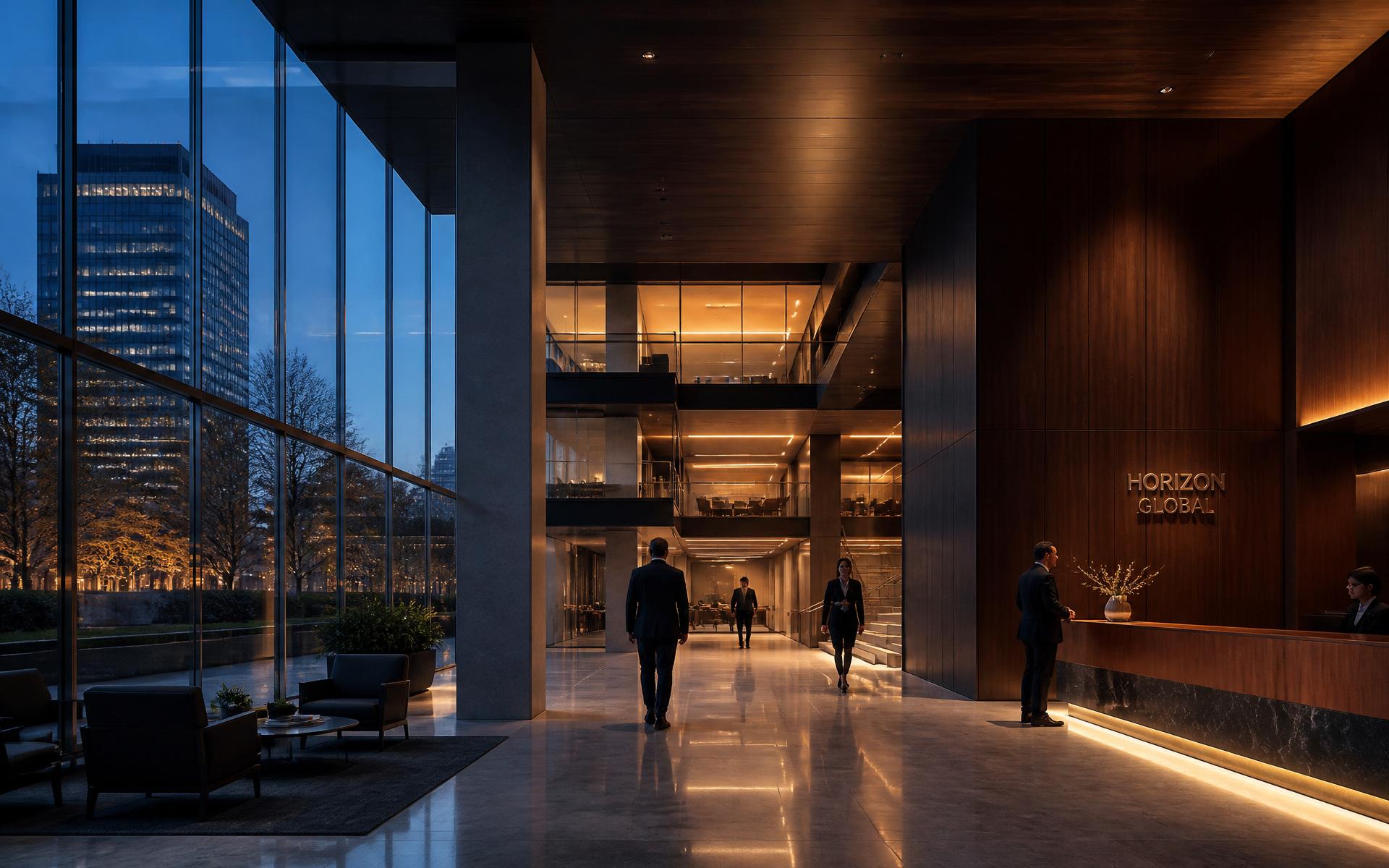 Executive lobby of a modern corporate headquarters at dusk