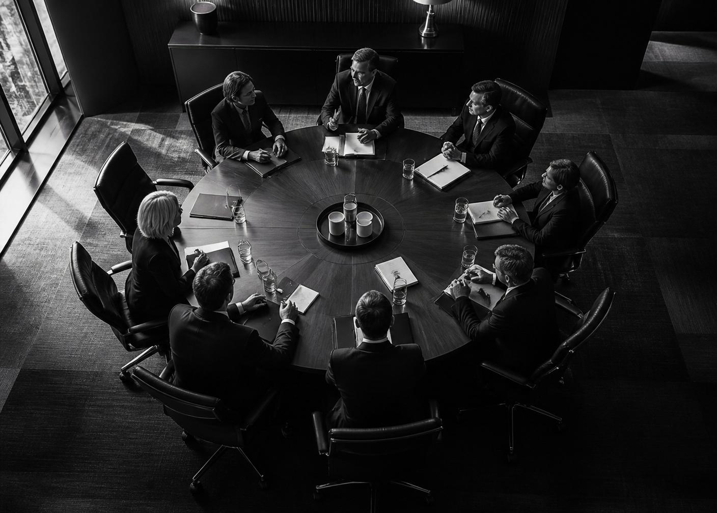 Executive roundtable of professionals meeting in a boardroom
